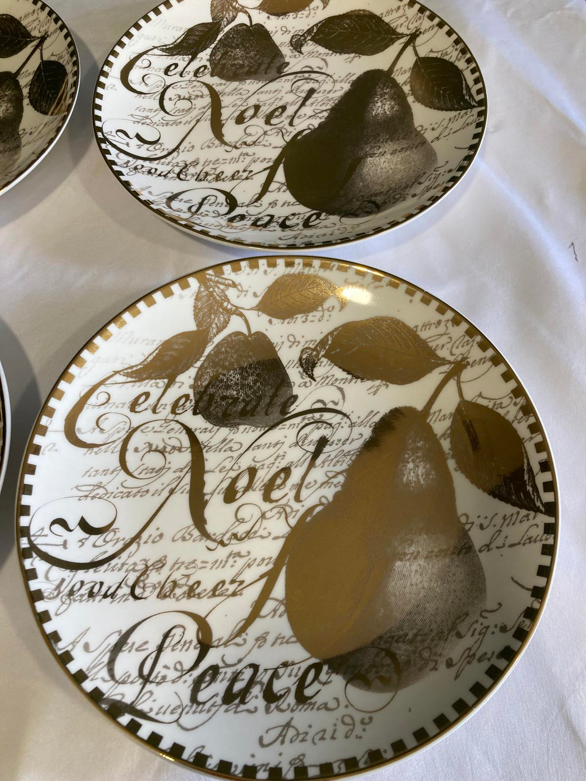Set of 4 Restoration Hardware Noel Pear Dessert Plates Gold Script Holiday