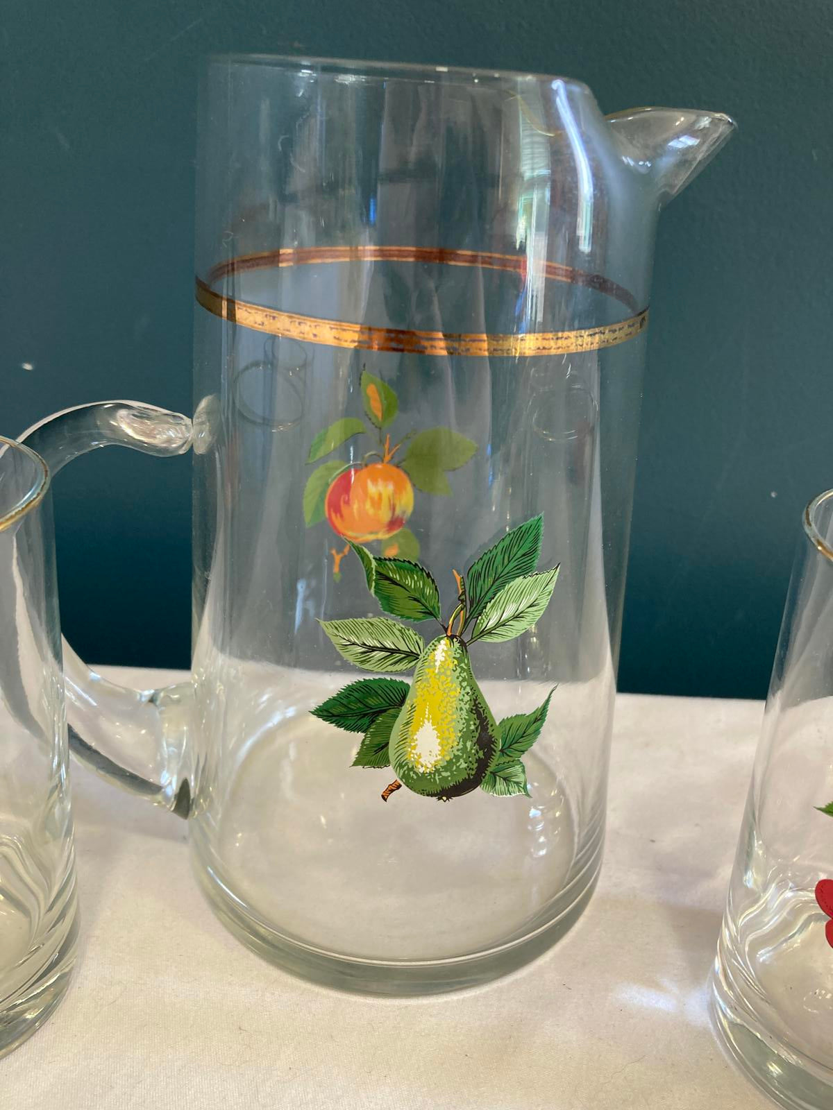 Vintage West Virginia Glass Fruit Juice Pitcher and 4 Glasses