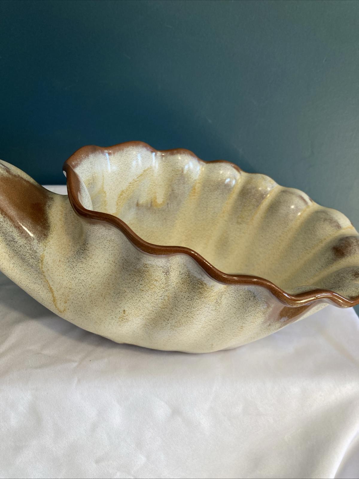 Vintage Studio Pottery Shell Bowl with Curved Handle | Retro Glazed Pottery