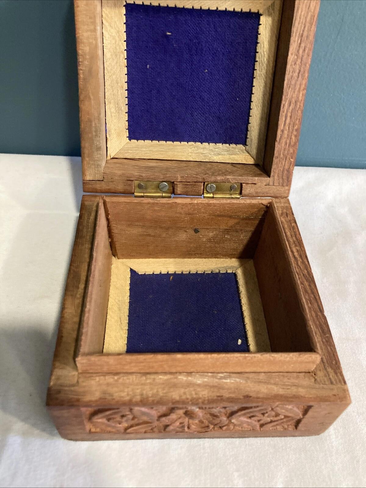Vintage Carved Wood Trinket Box with Purple Velvet Lining – Made in India