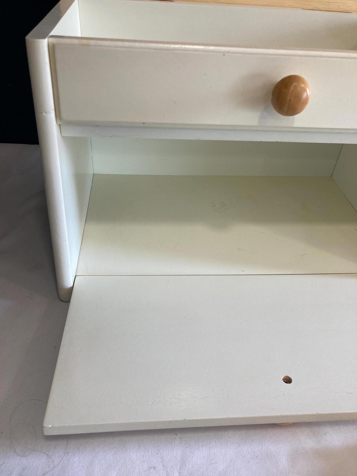 Vintage White Wooden Bread Box with Lift Up Top