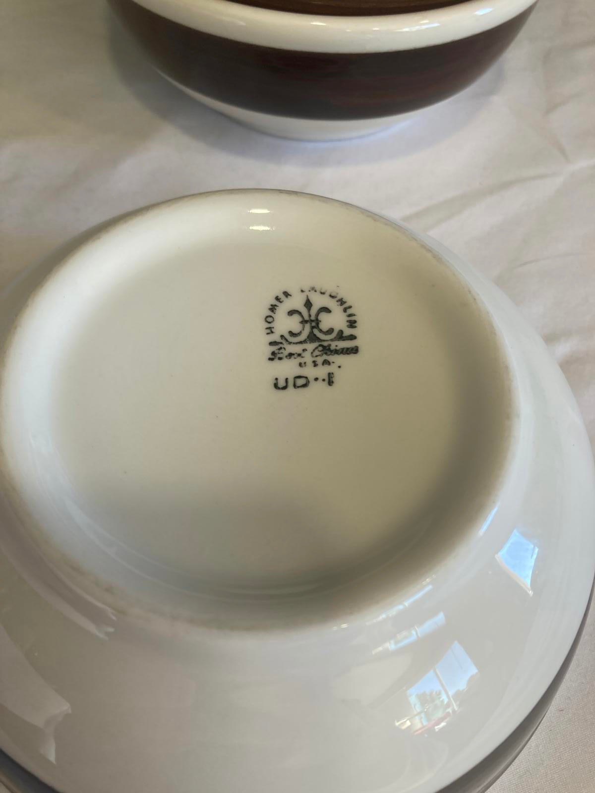 Vintage Homer Laughlin White Ceramic Bowls with Brown Woodgrain Stripe, Set of 6