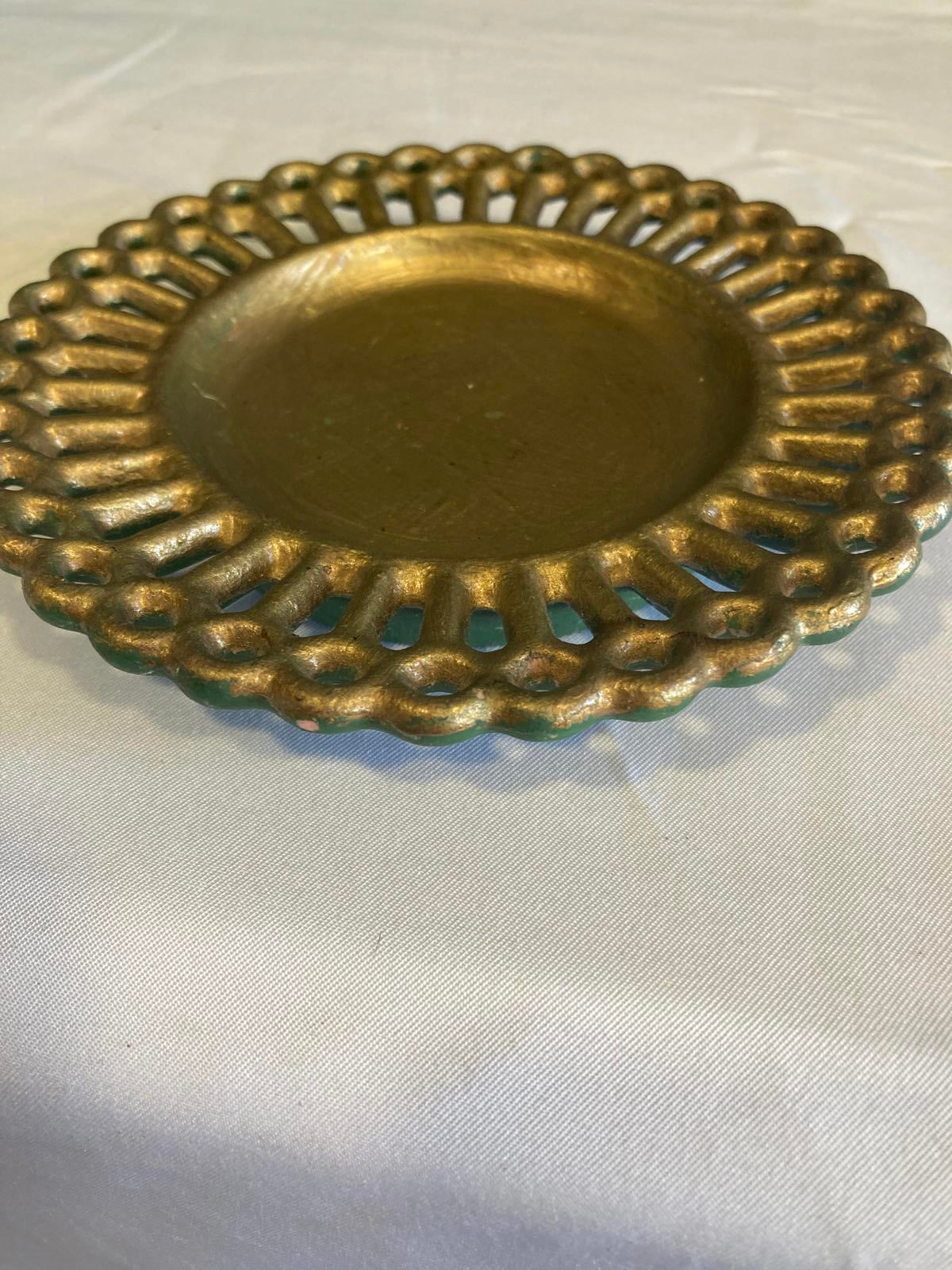 Vintage Gold Ceramic Candleholder with Pierced Edges