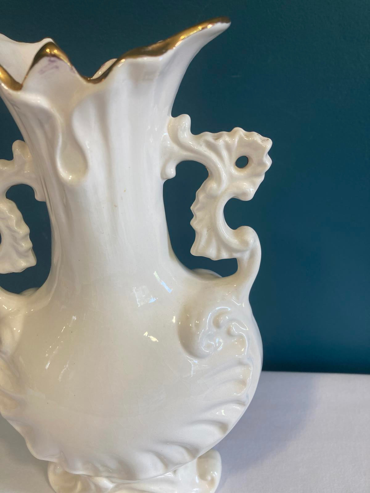 White Ceramic Vase with Gold Trim – Rococo Revival Scroll Handles