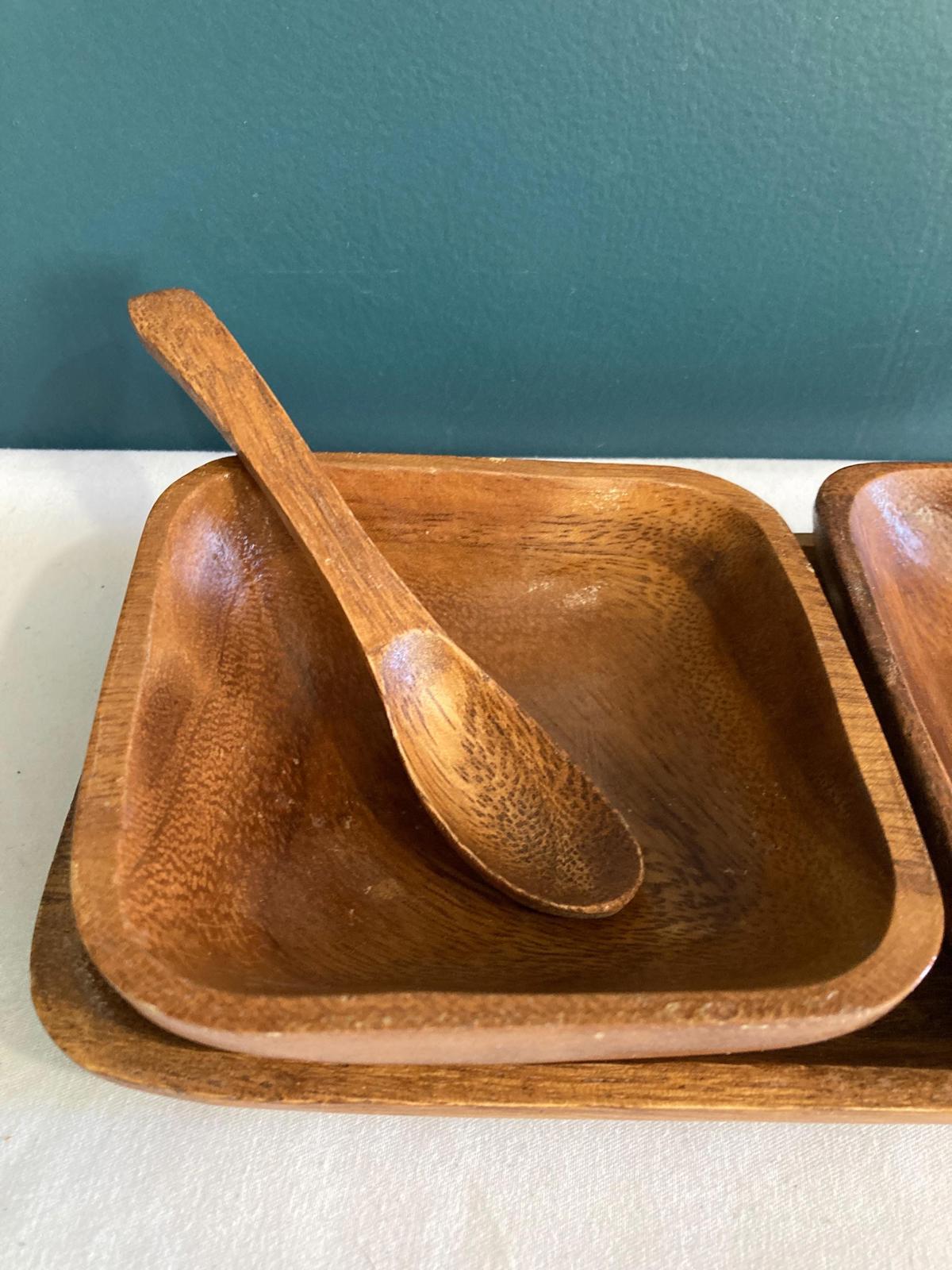 Midcentury Modern Solid Wood Condiment Bowls with Tray and Spoons