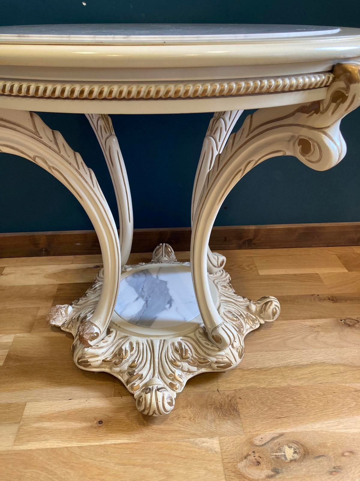 Ornate French Provencal Marble Top Side Table with Gold Accents