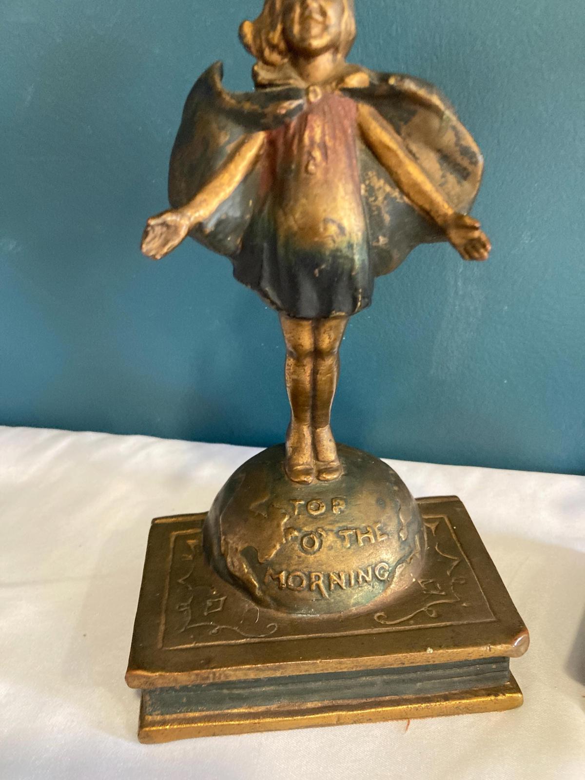 Antique Pompeian Bronze Bookends Laura Archibald 1920 Top O' The Morning Girl, Set of 2