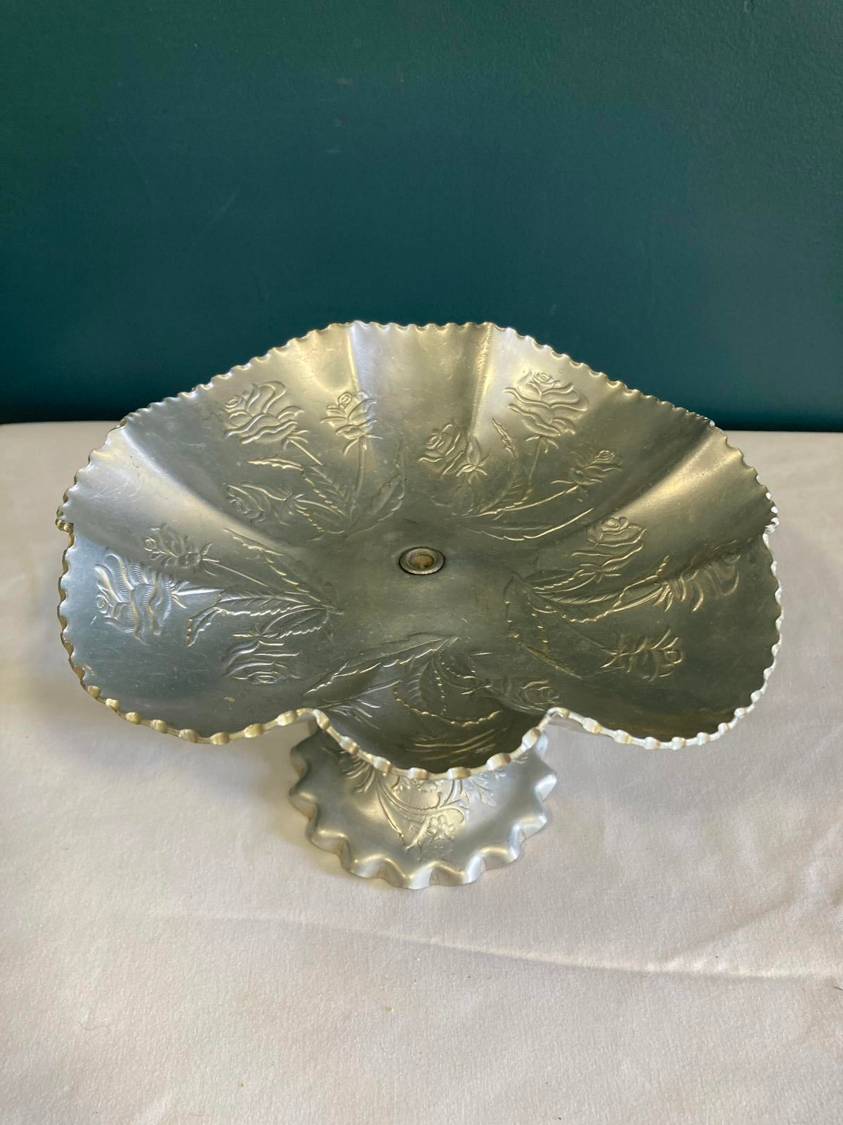 Vintage Aluminum Pedestal Dish with Scalloped Edge