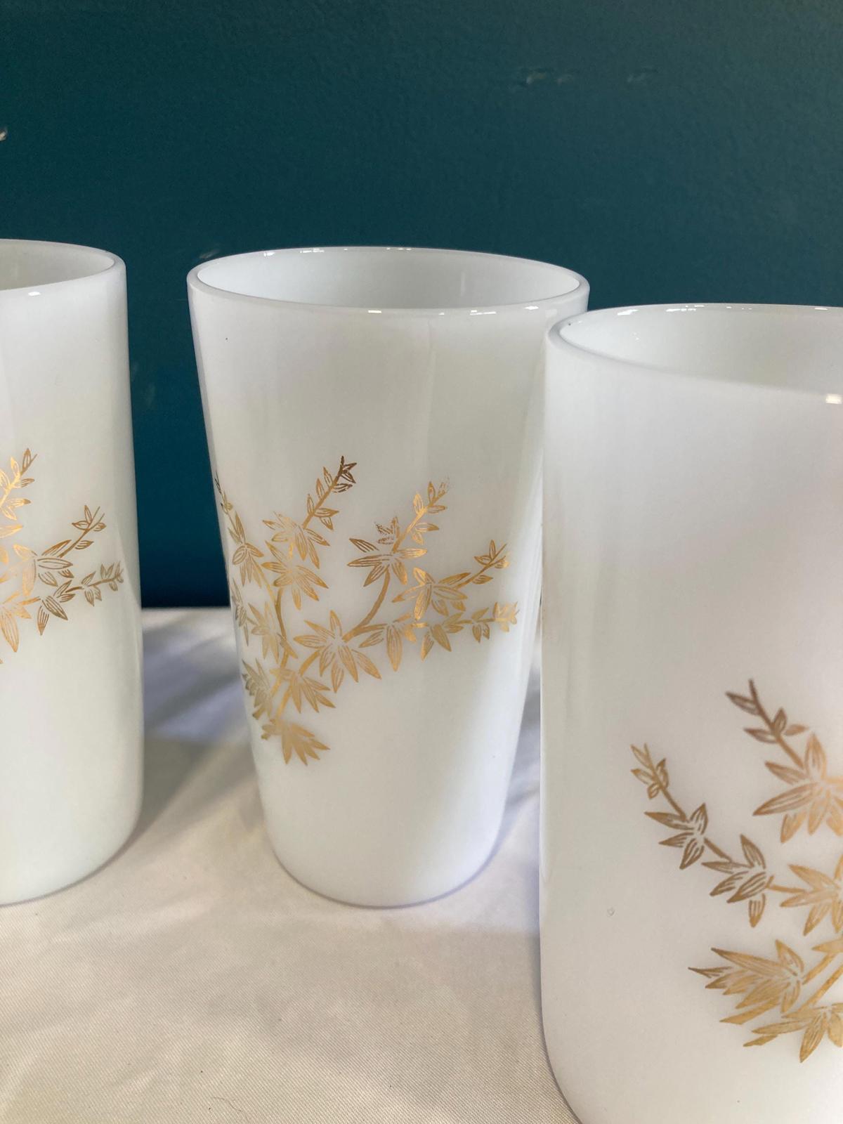 Vintage Milk Glass Tumblers with Gold Leaves, set of 4
