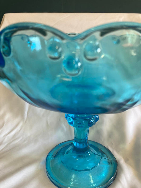 Vintage Blue Glass Compote Pedestal Bowl – Scalloped Edge