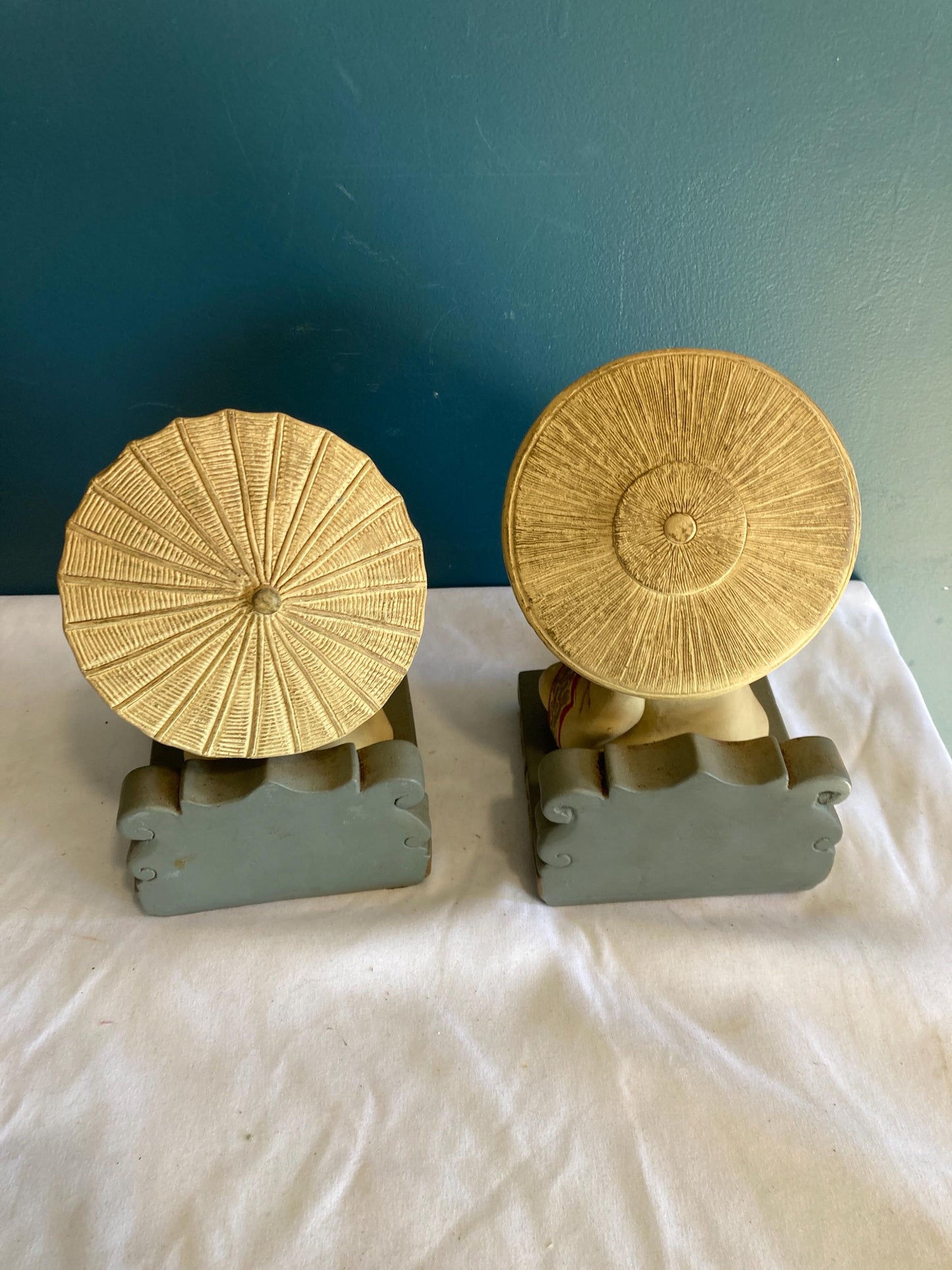 Vintage Devonware Chalkware Asian Boy and Girl bookends Made in Canada Genuine Hand Painted Ceramic