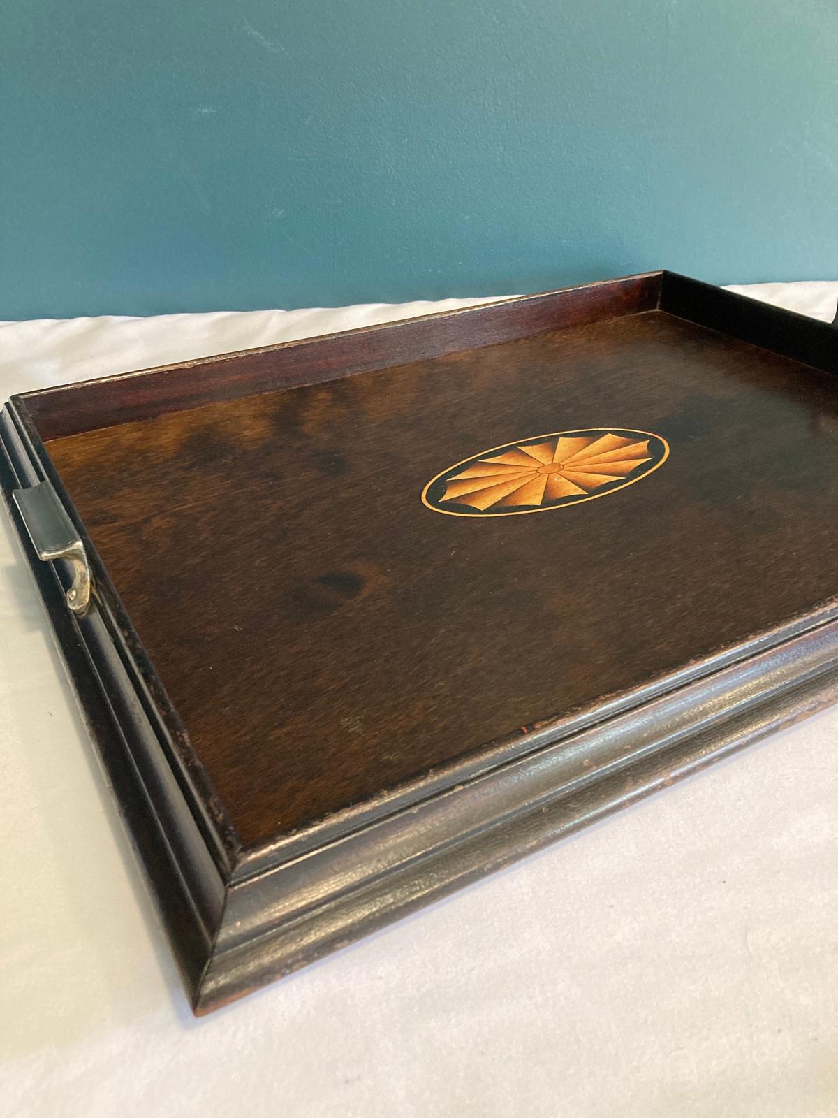 Antique Inlaid Mahogany Tray with Handles