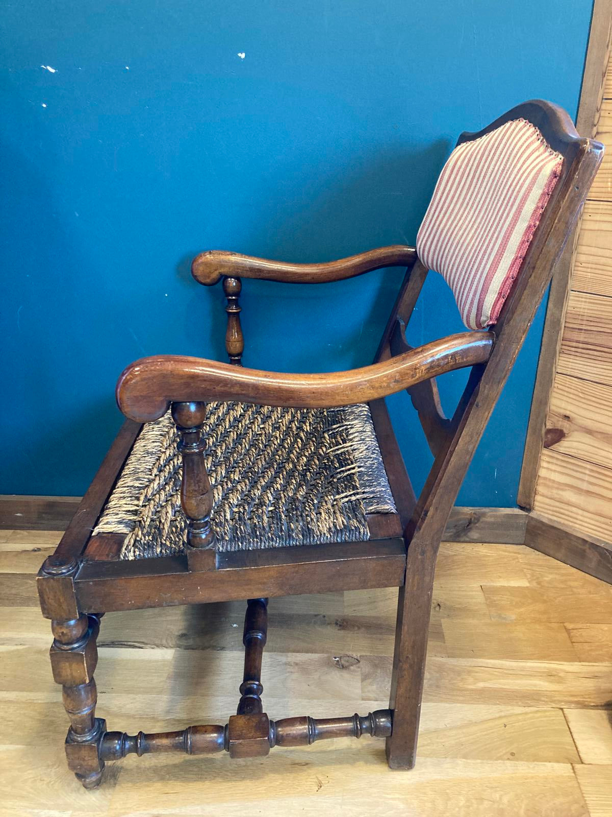 Antique Wood Armchair With Rush Seat & Striped Upholstered Back