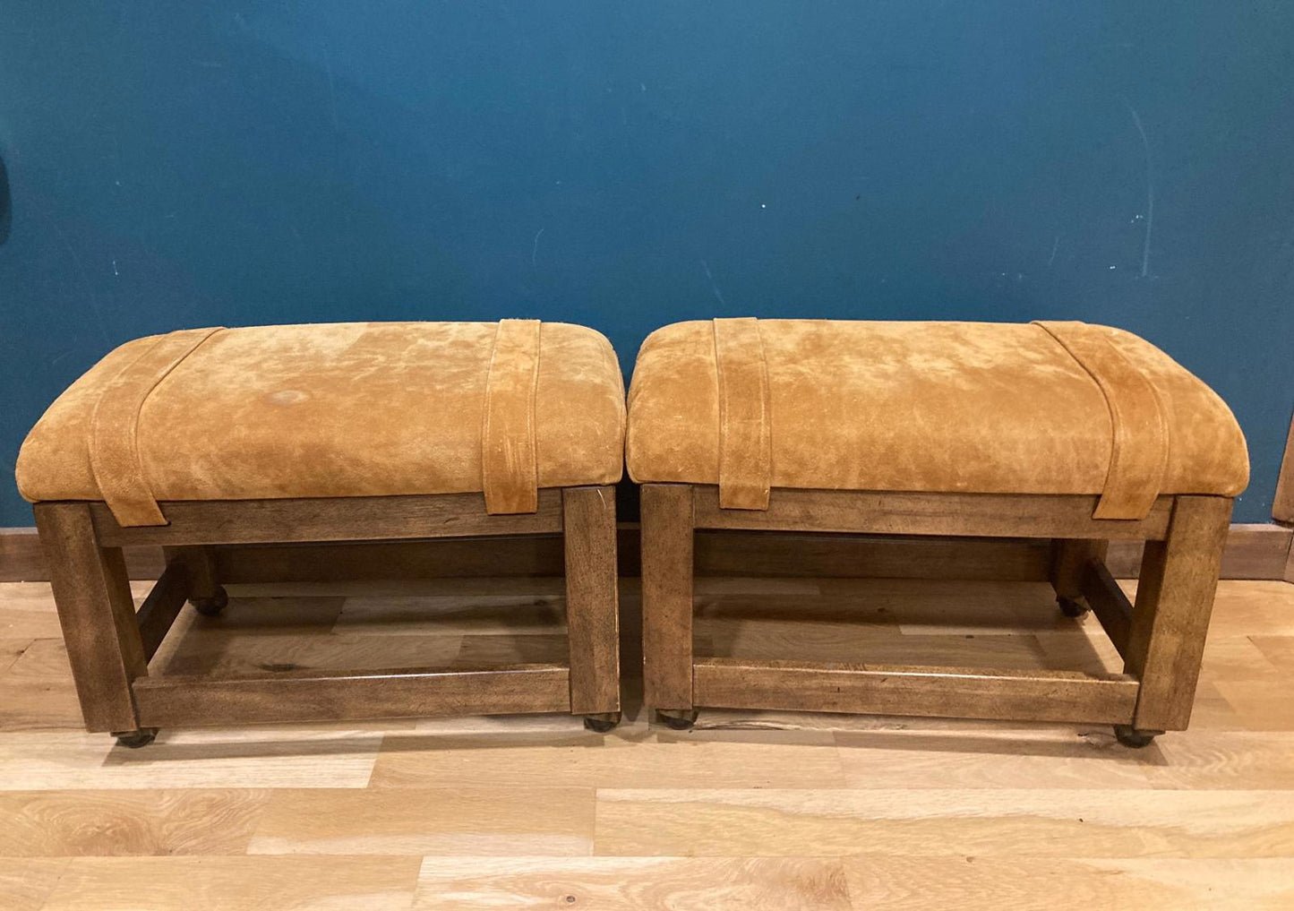 1970's Drexel Heritage Suede Golden Tan Ottomans or Footstools, Set of 2