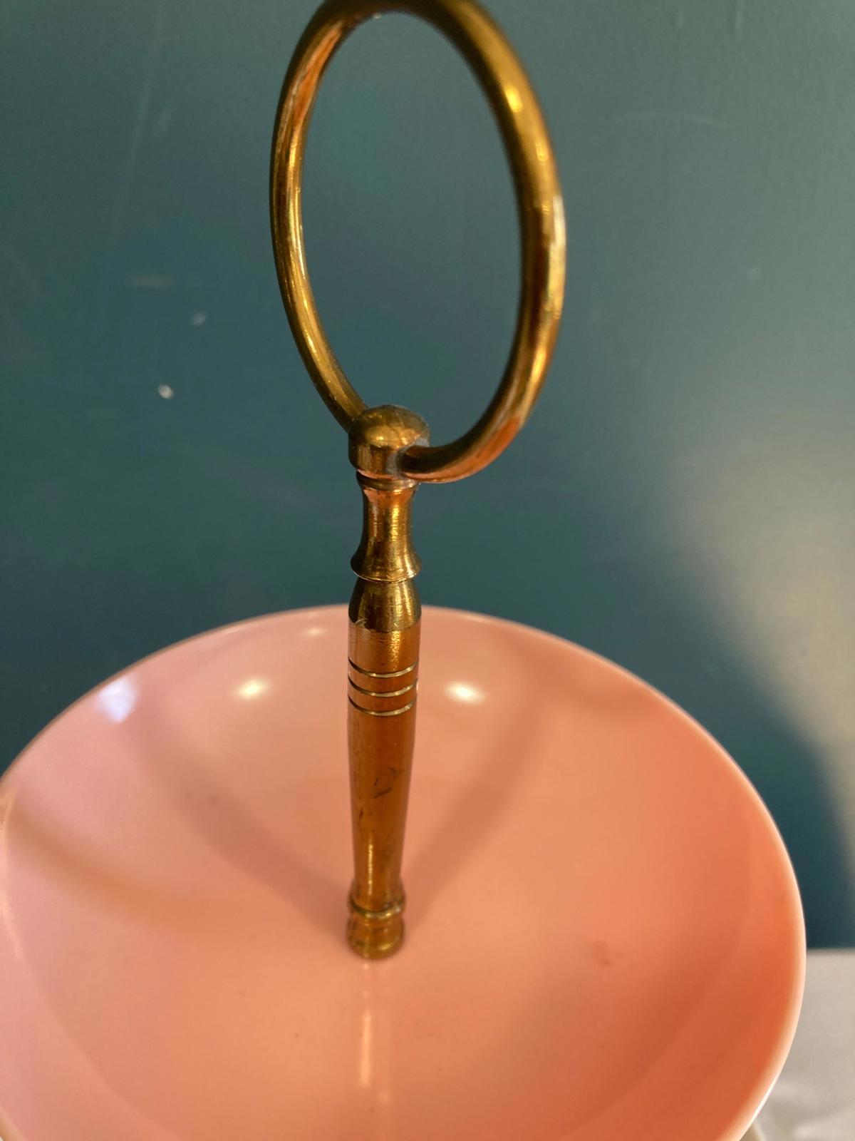 Mid-Century 3-Tiered Pink Roses Server With Brass Handle