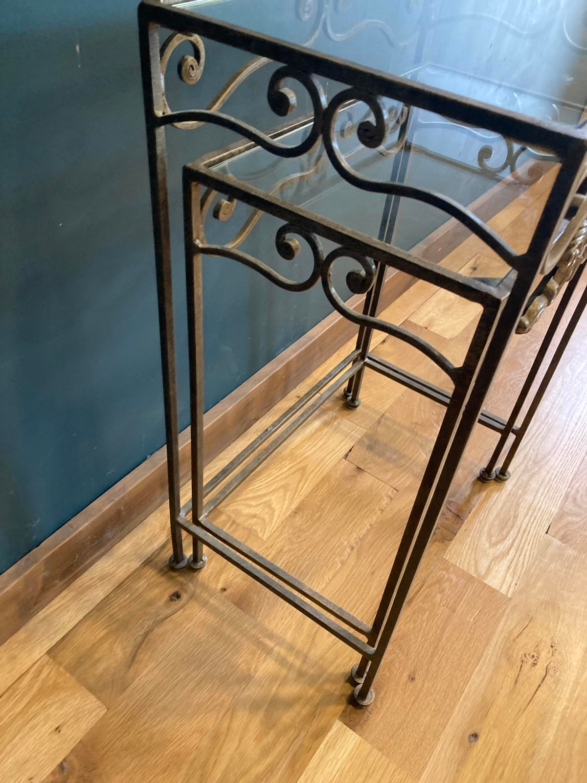 Vintage Wrought Iron Nesting Tables with Glass Tops – Hollywood Regency,Set of 2