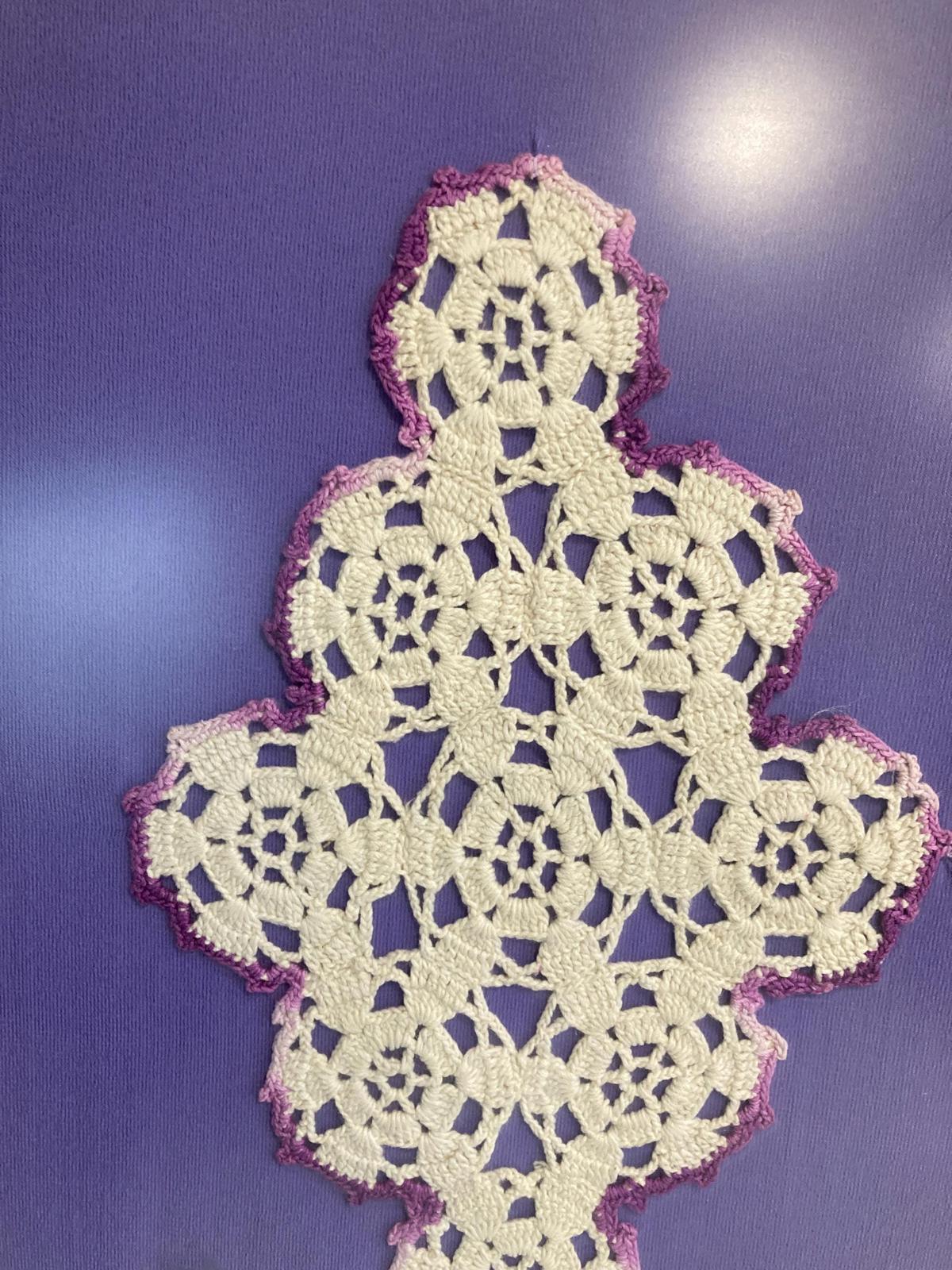 Vintage Handmade White Doily Lace with Purple Edges Framed