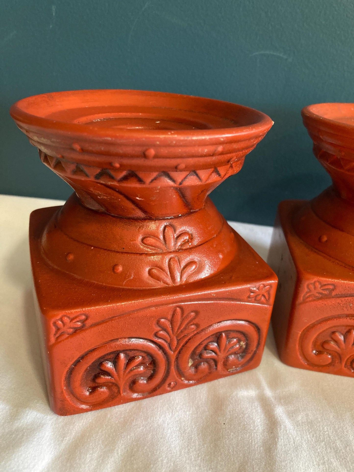 Vintage Brick Red Ceramic Candle Holder Stands, set of 3