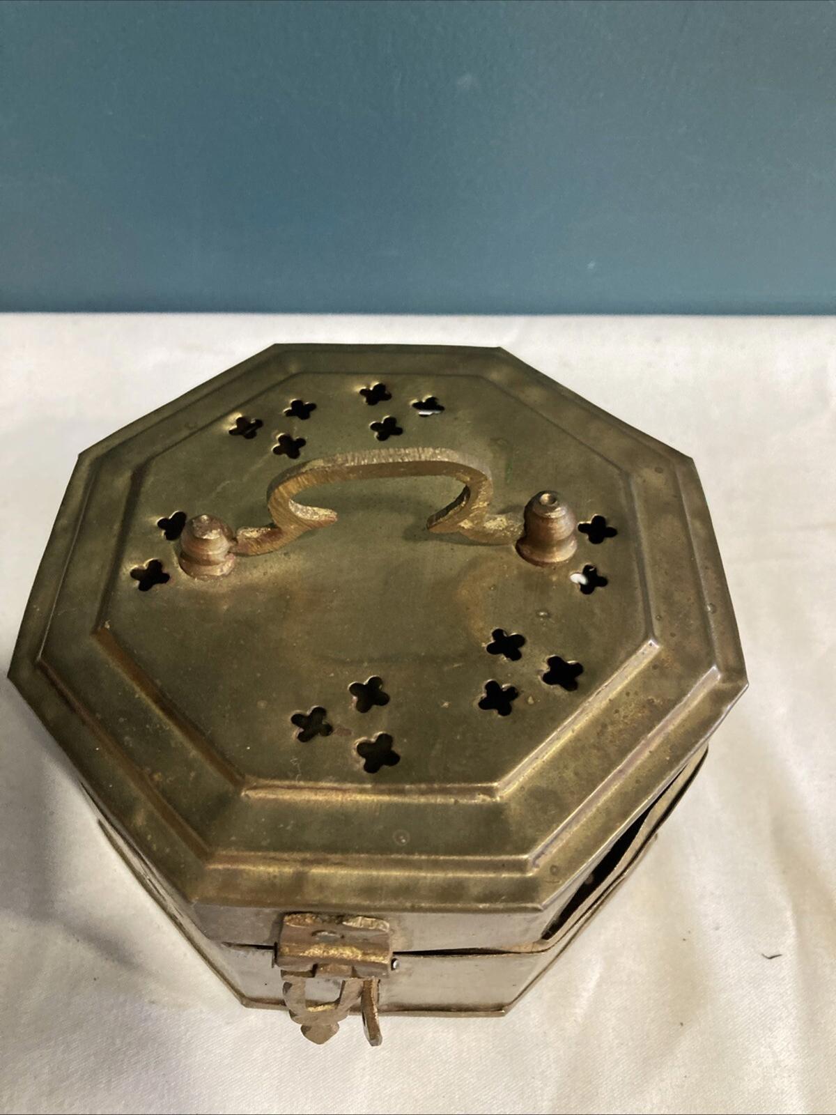 Vintage Pierced Brass Octagon Cricket Trinket Box – Hinged Lid, 4.4”