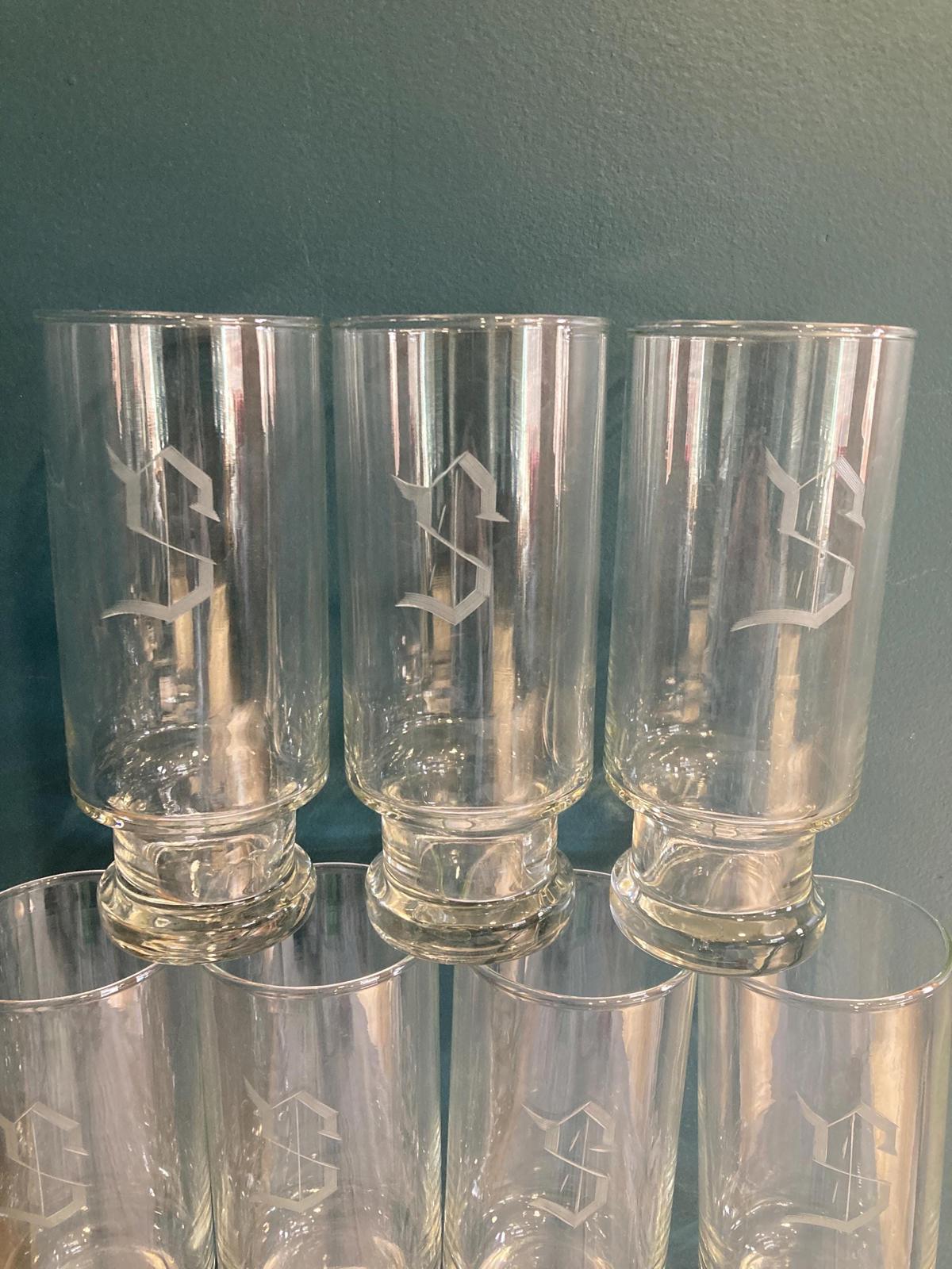 Vintage "S" Etched Tall Glasses, Set of 12