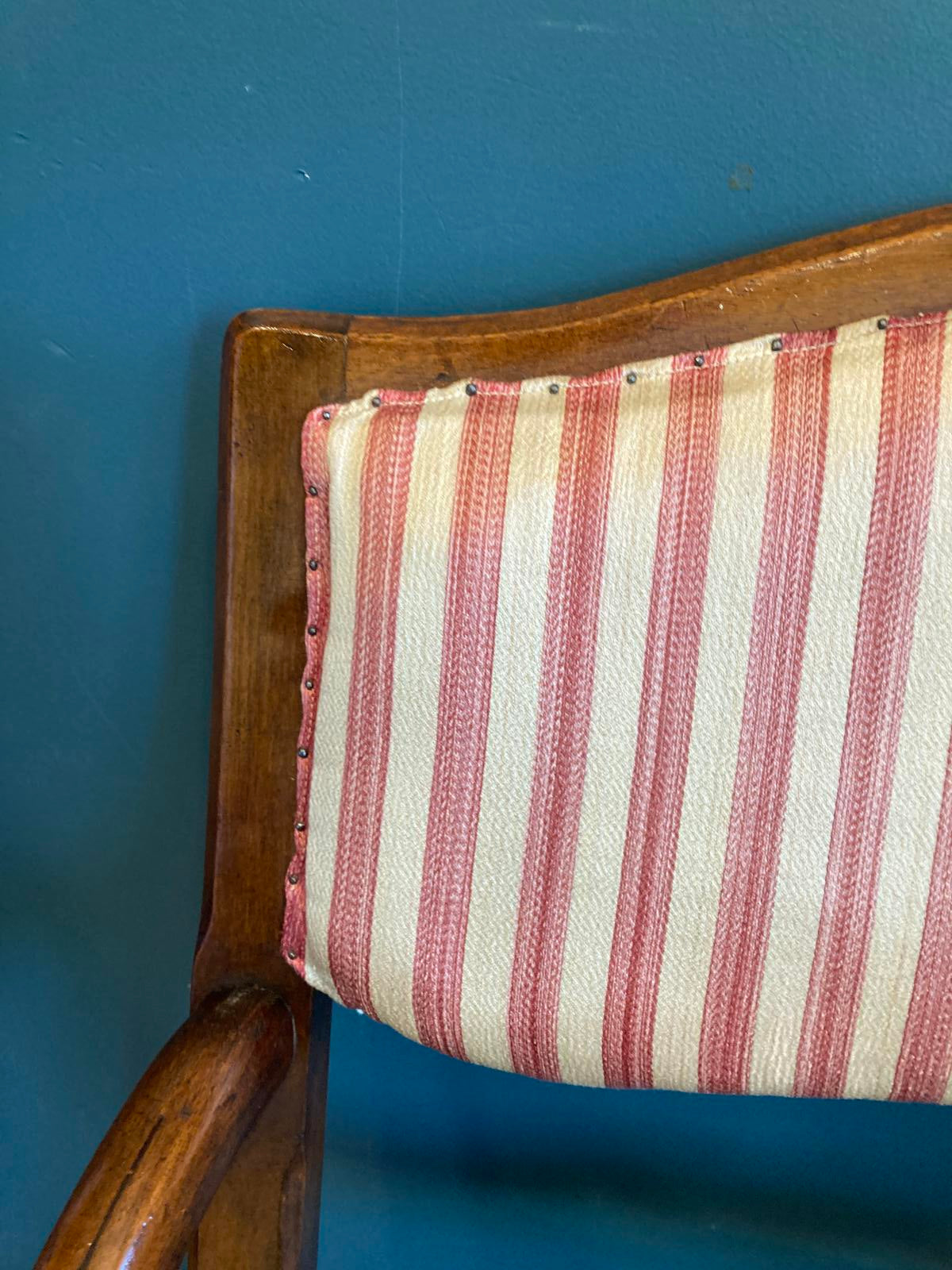 Antique Wood Armchair With Rush Seat & Striped Upholstered Back