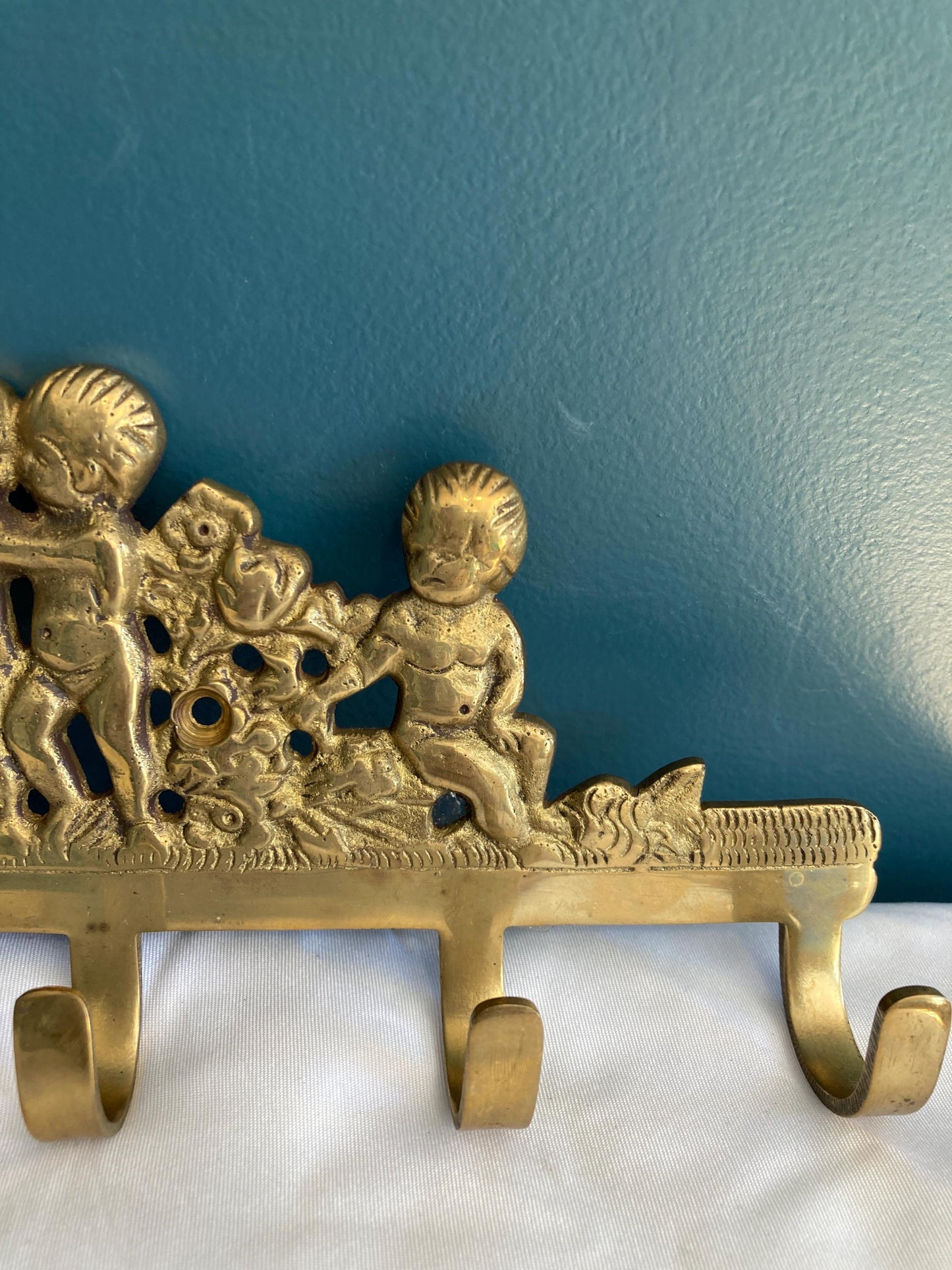 Vintage Solid Brass Cherub Hanger With 5 Hooks
