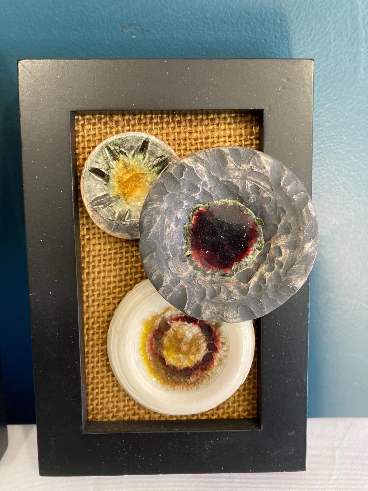 Framed Ceramic Mosaic Pottery Art on Burlap, Set of 3