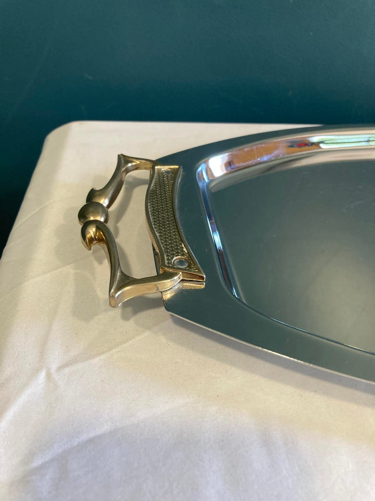 Vintage Kromex Serving Tray – Chrome & Brass Handles, Midcentury Modern Barware
