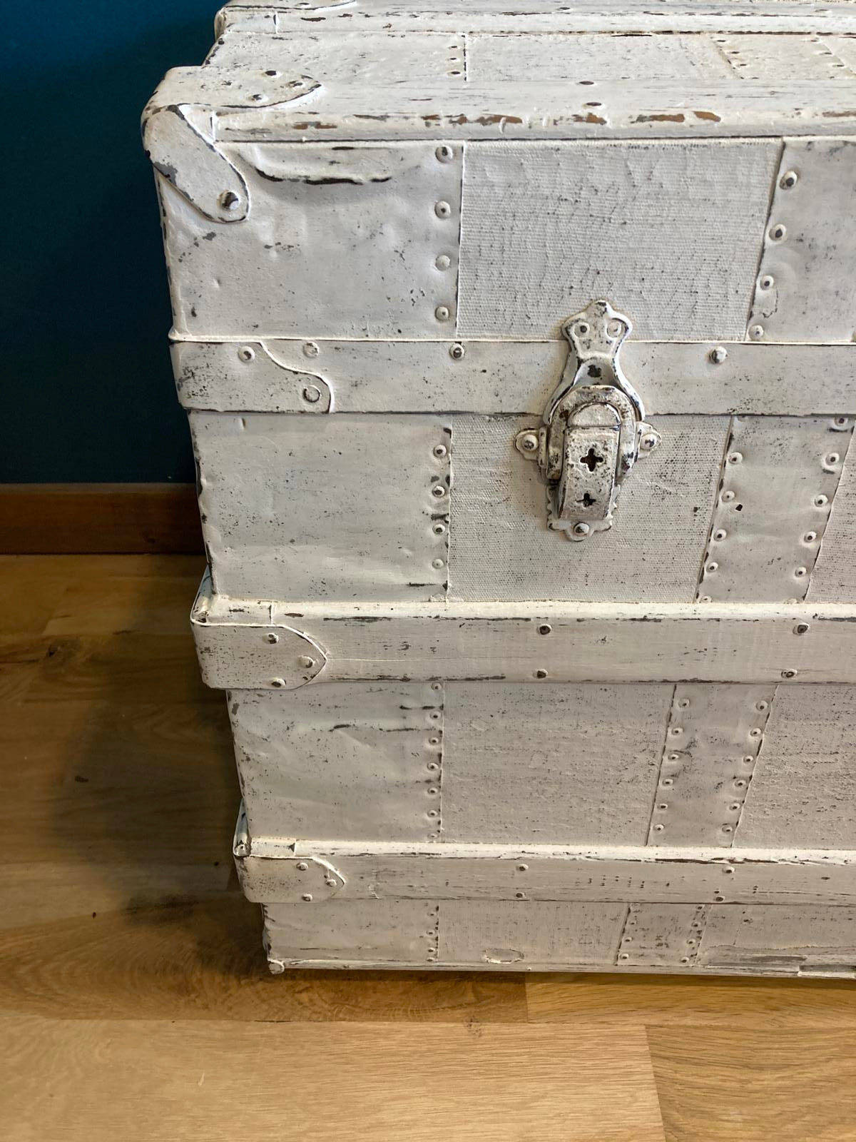 Antique White Distressed Wooden Steamer Trunk