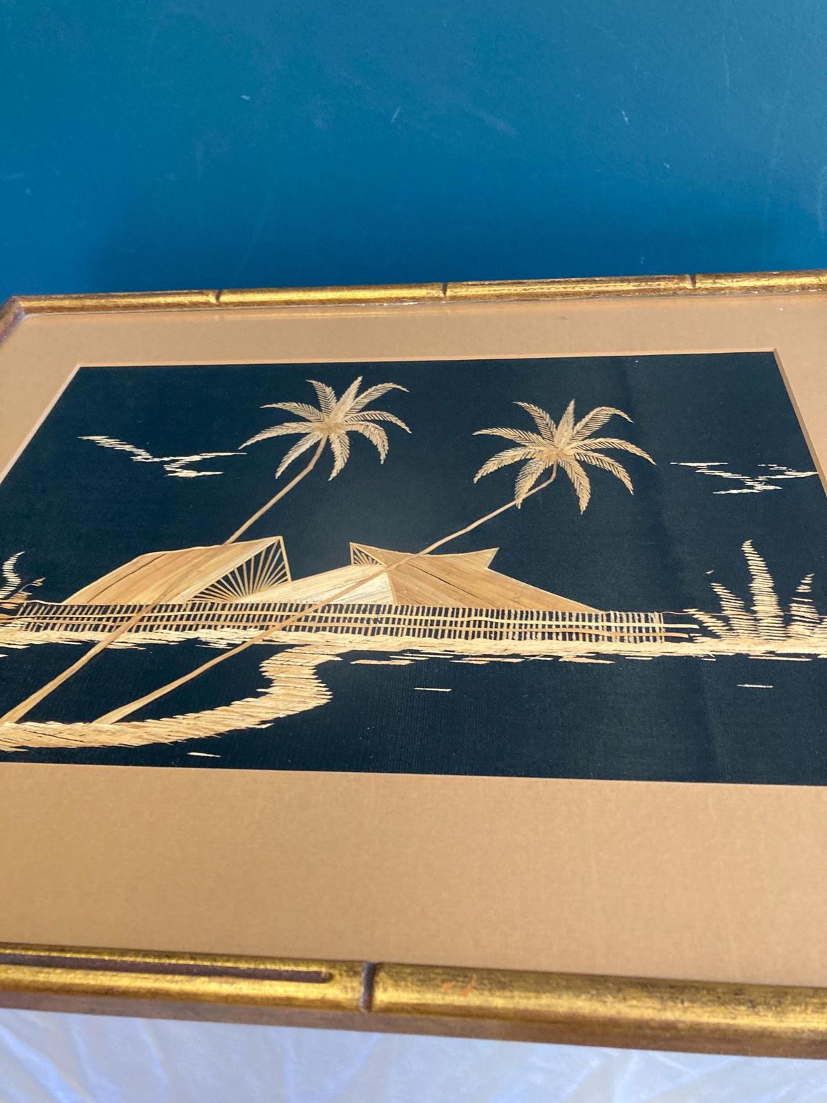 Vintage Straw Art Picture - Mid-Century Tropical Asian Scene