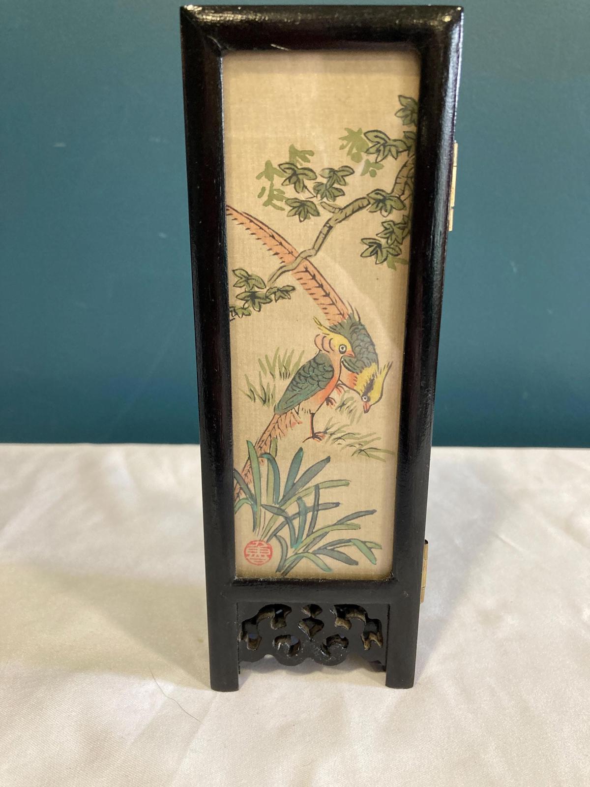 Vintage Small Asian Folding Table Top Hand Painted Screen