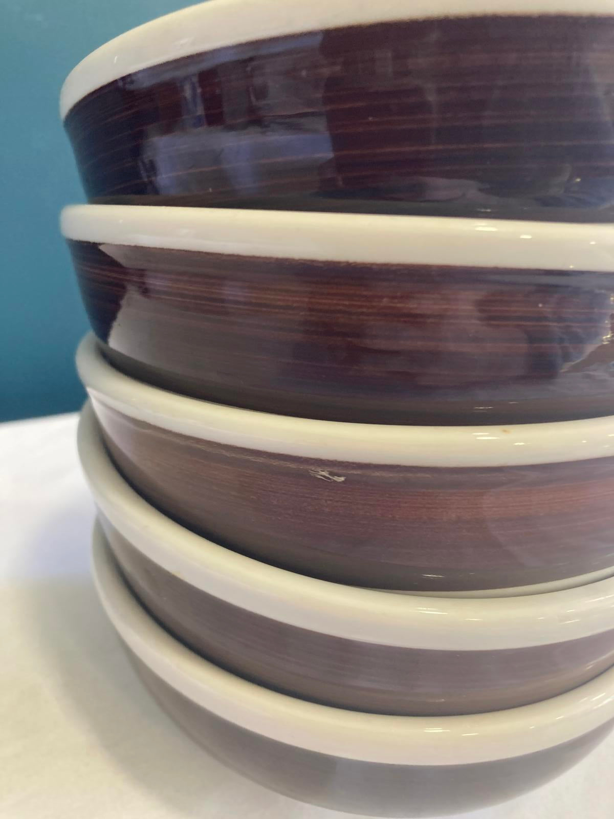Vintage Homer Laughlin White Ceramic Bowls with Brown Woodgrain Stripe, Set of 6