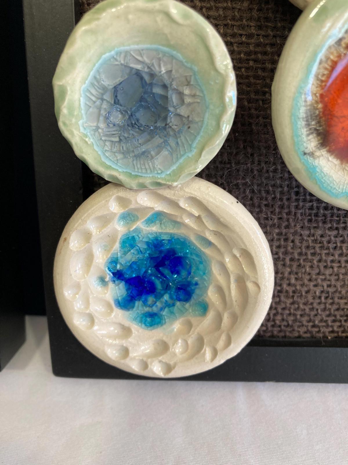 Framed Ceramic Mosaic Pottery Art on Burlap, Set of 3