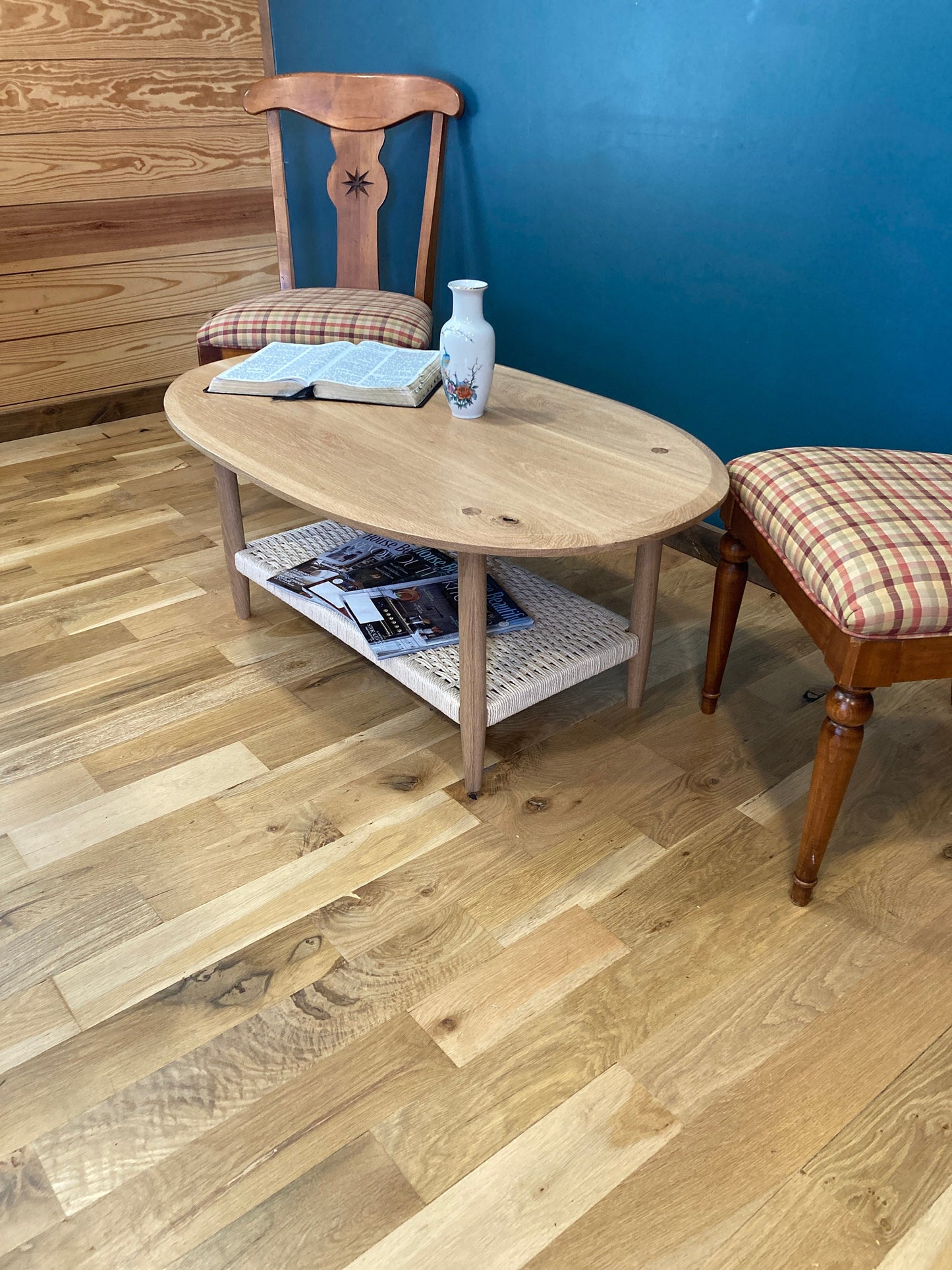 Handcrafted Solid Oak Danish Modern Coffee Table With Danish Paper Cord Shelf
