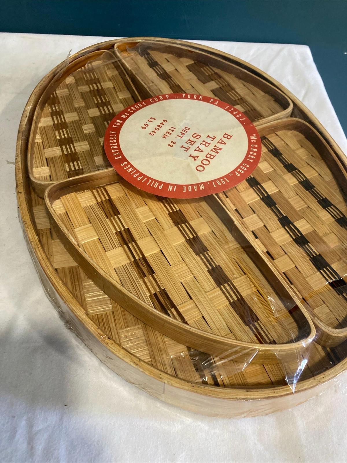Vintage Midcentury bamboo tray set in original packaging, set of 5
