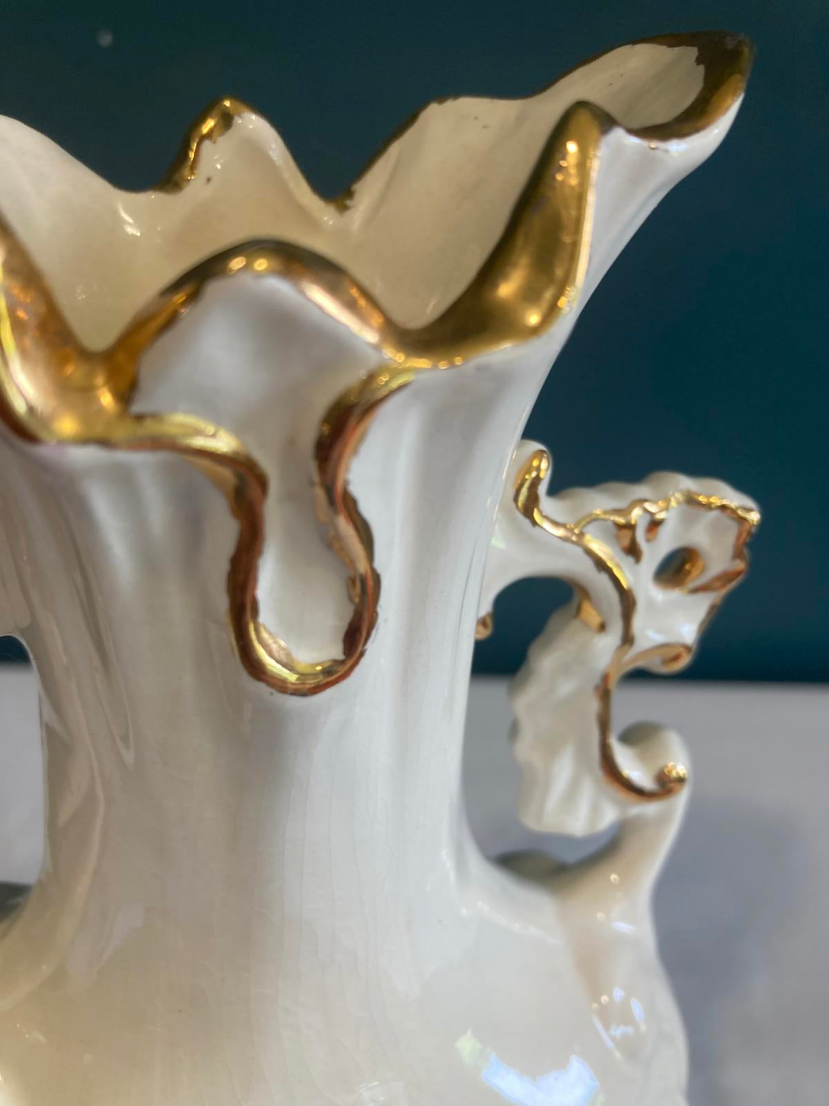 White Ceramic Vase with Gold Trim – Rococo Revival Scroll Handles