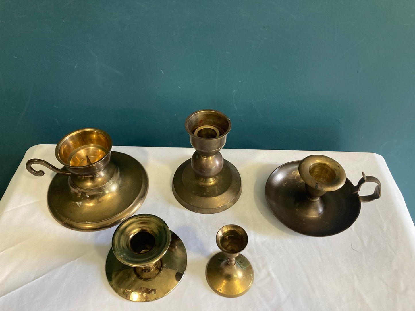MIdcentury Brass Candlestick Holders – Mismatched Set of 5