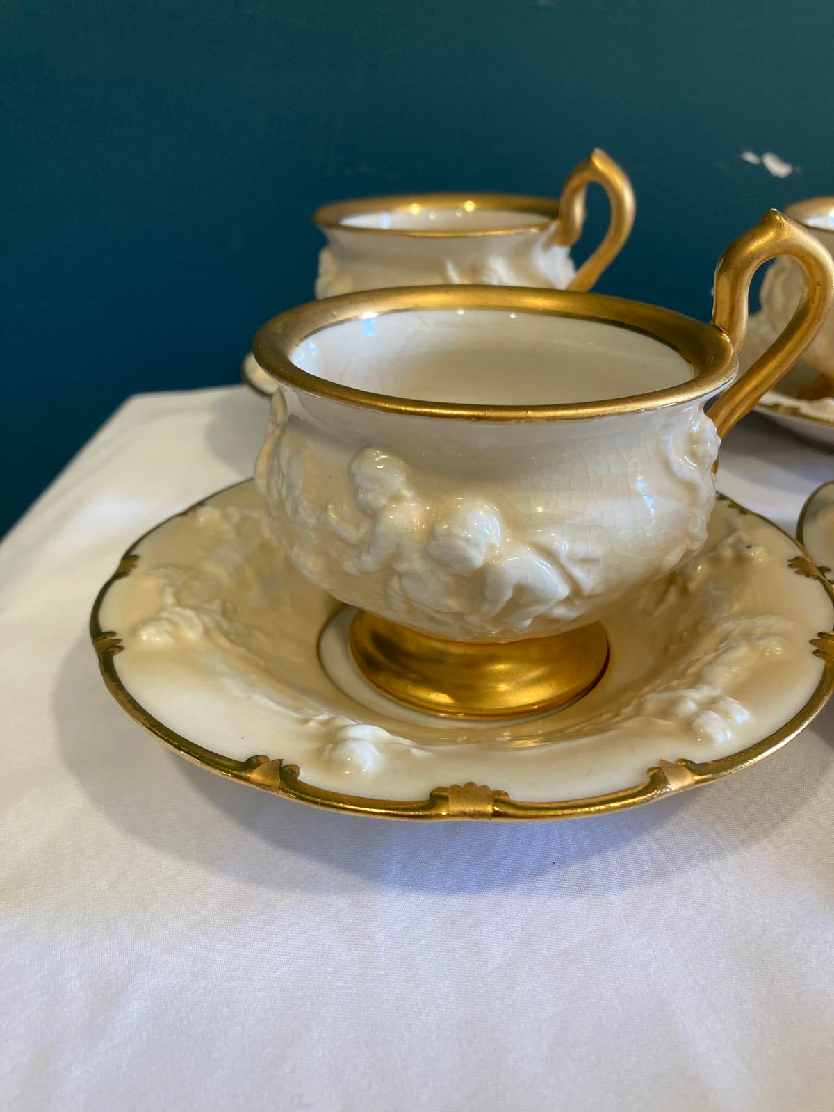 Antique Ernst Bohne Söhne Cherub Teacup and Saucer Set w/Gold Trim, Set of 7