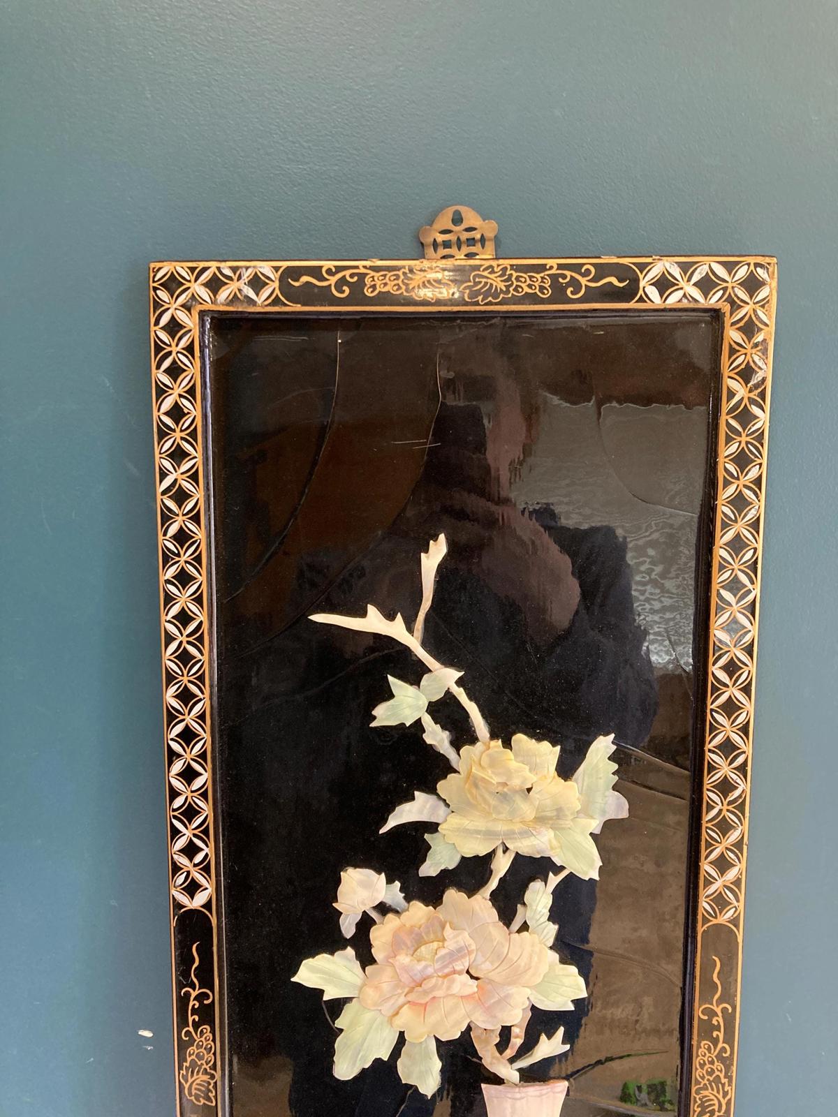 1960s Asian Chinoiserie Mother of Pearl Wall Panel With Black Lacquer