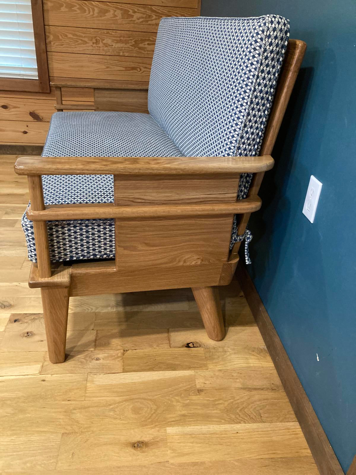 Handmade MCM Style Oak Loveseat with Custom Upholstery