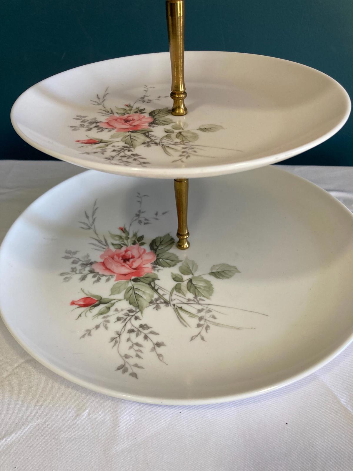 Mid-Century 3-Tiered Pink Roses Server With Brass Handle