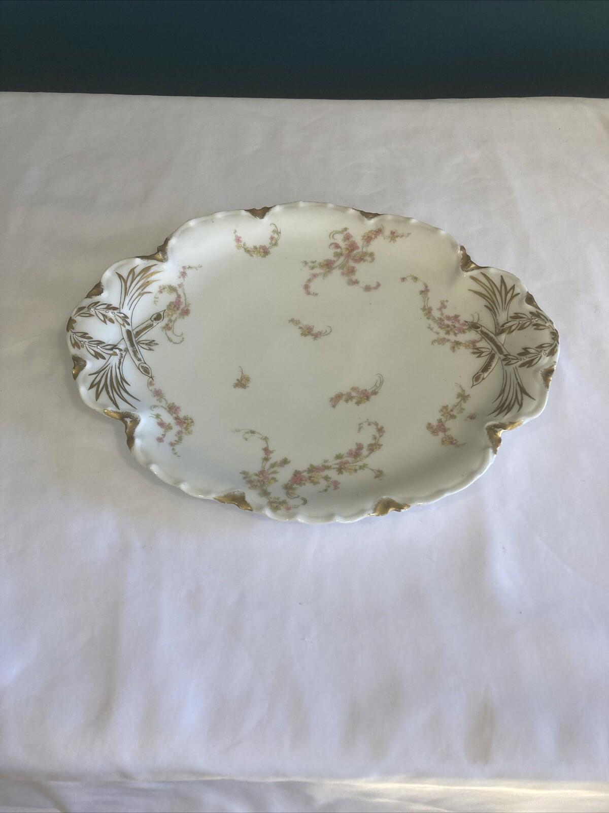 Oval Haviland & Co Limoges France Platter With Pink Roses and Gold Trim 10.25”