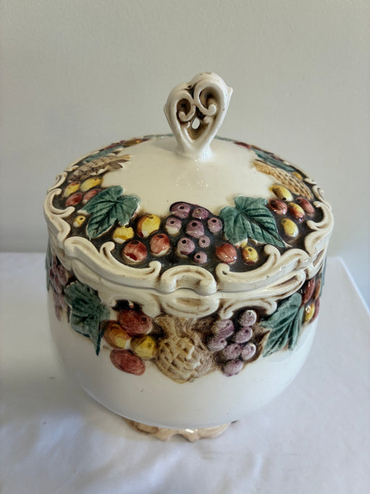 Vintage Lefton Majolica Style Lidded Jar | Raised Fruit & Grape Ceramic Canister