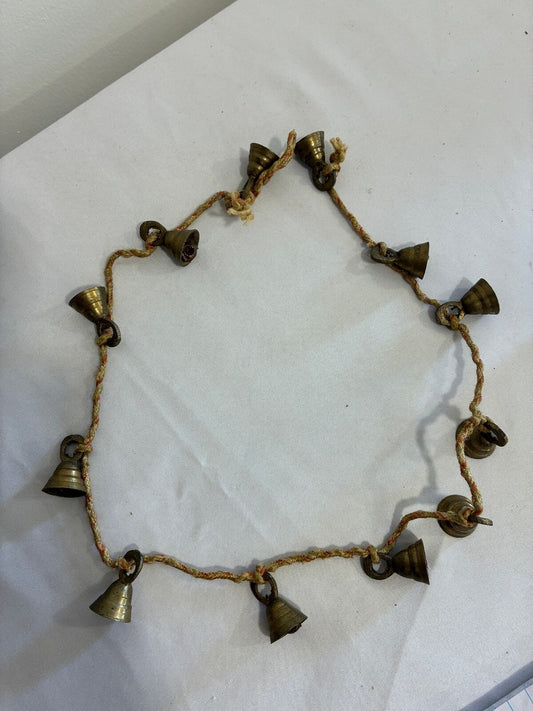 Vintage Brass Bell Garland, Rustic Hanging Bells on Rope, Boho Wall Decor, Indian Brass Bells, Farmhouse Decor, Vintage Finds