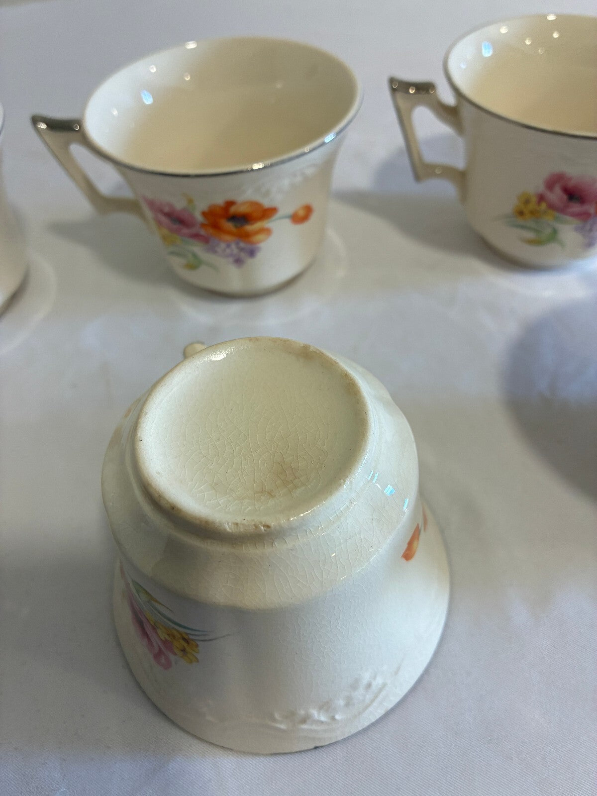 Vintage Ivory China Teacups with Platinum Trim, Set of 6 | Poppy Floral Pattern