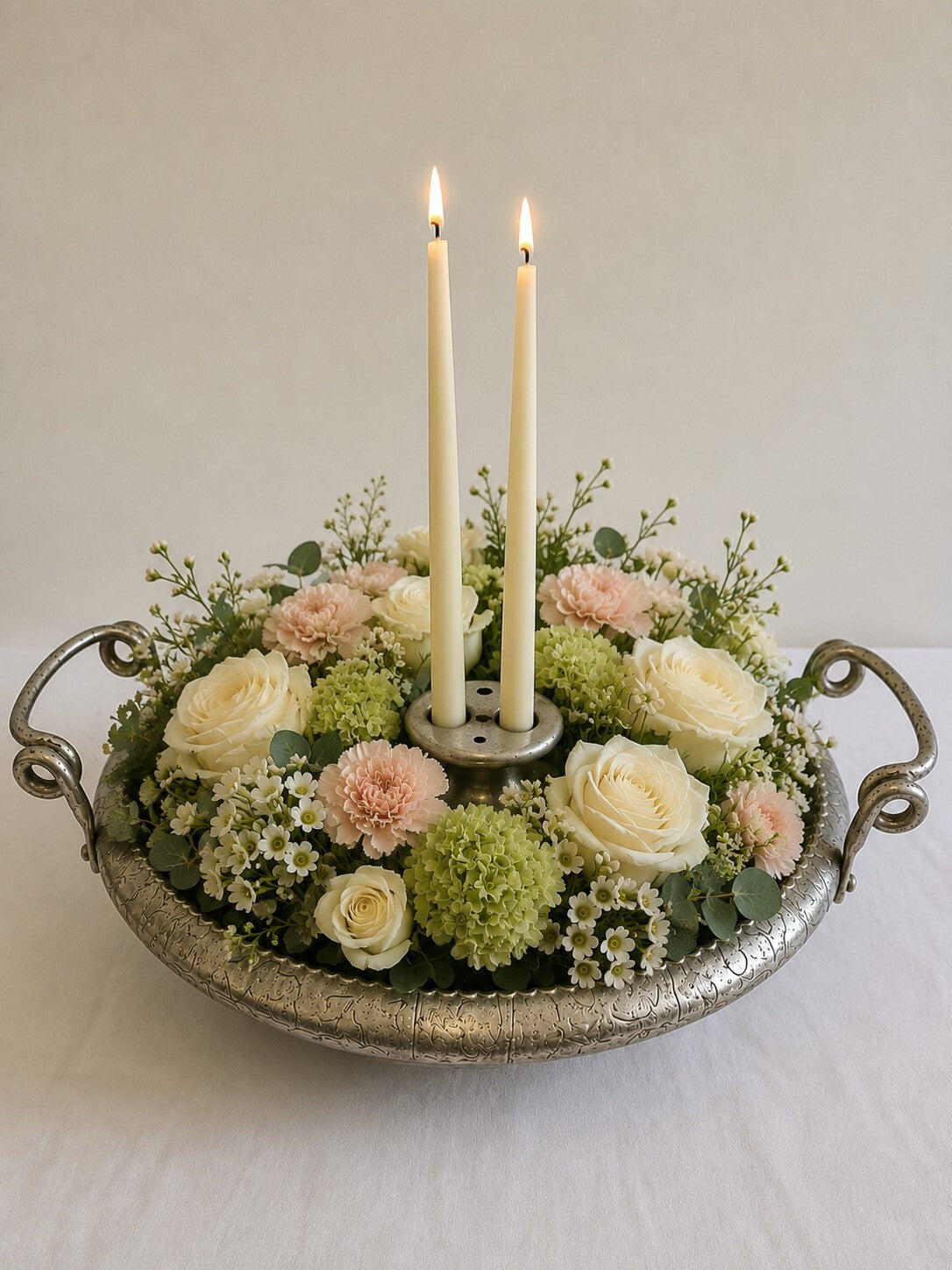 Vintage Hammered Aluminum Nutcracker Bowl,Etched Floral Handled Centerpiece Bowl