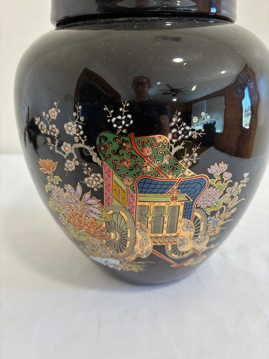 Vintage Black Ginger Jar with Lid, Asian Floral Design, Chinoiserie Decor