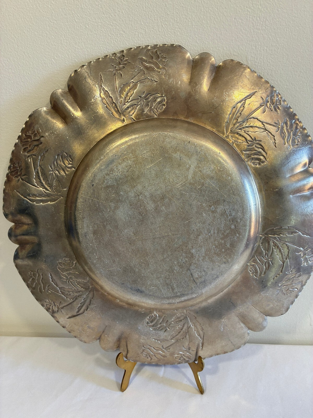Vintage Hammered Aluminum Tray | Hand Chased Rose Design Ruffled Rim