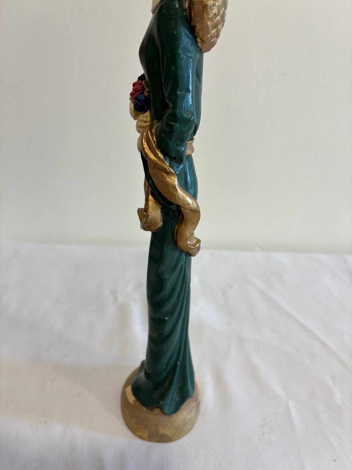 Vintage Carved Angel Figurine with Gold Wings, Painted Statue with Flowers