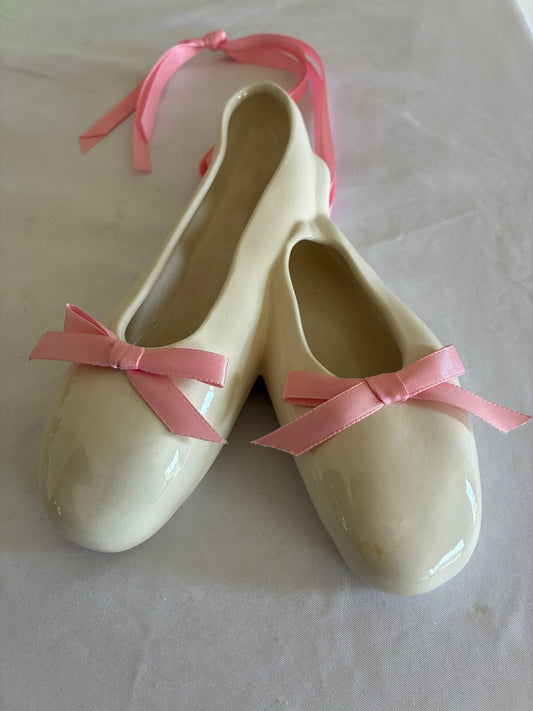 Vintage Ceramic Ballet Slippers Decor, Signed Renée, Pink Ribbon Bows, Ballerina